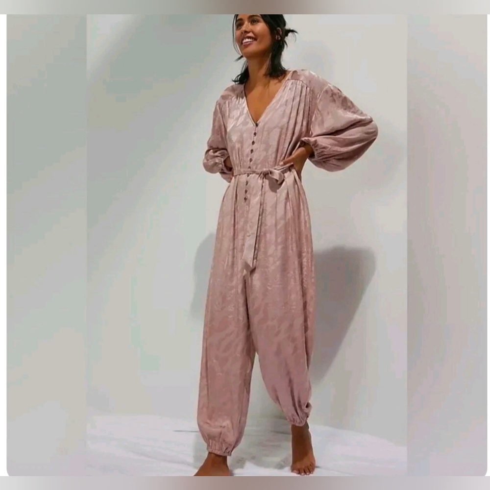 NWT Anthropologie Rose Laurentia Jacquard Jumpsuit Pink Size S Boho Wide Leg - Picture 2 of 14